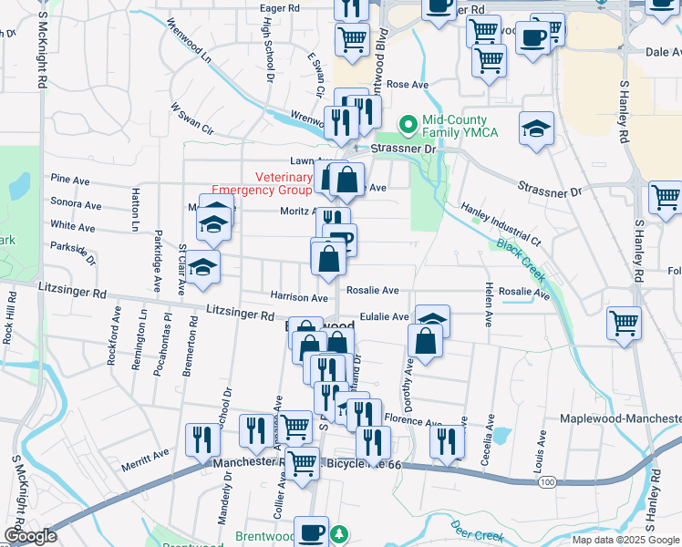 map of restaurants, bars, coffee shops, grocery stores, and more near 2328 South Brentwood Boulevard in Brentwood