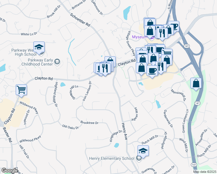 map of restaurants, bars, coffee shops, grocery stores, and more near 775 Henry Avenue in Ballwin