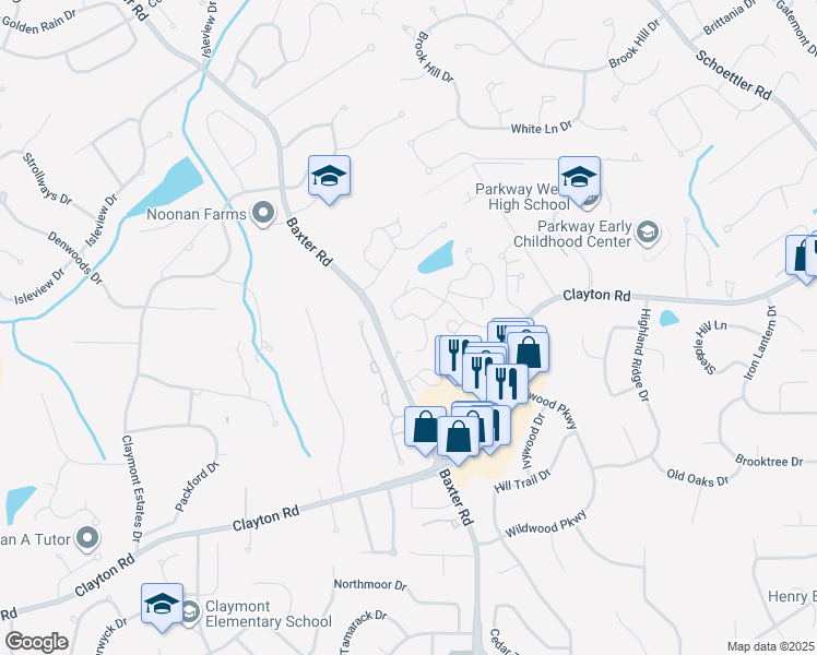 map of restaurants, bars, coffee shops, grocery stores, and more near 2436 Baxter Road in Chesterfield