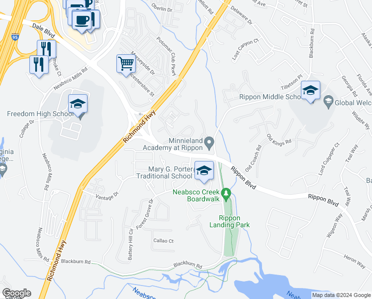 map of restaurants, bars, coffee shops, grocery stores, and more near 2105 Old Landing Way in Woodbridge