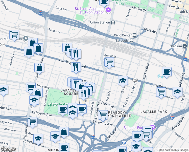 map of restaurants, bars, coffee shops, grocery stores, and more near 1118 South 18th Street in St. Louis