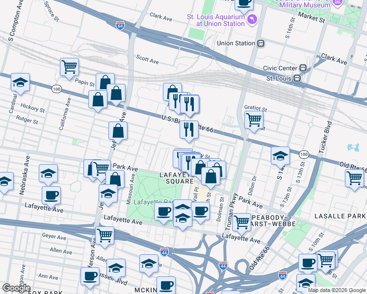 map of restaurants, bars, coffee shops, grocery stores, and more near 1113 Mississippi Avenue in St. Louis