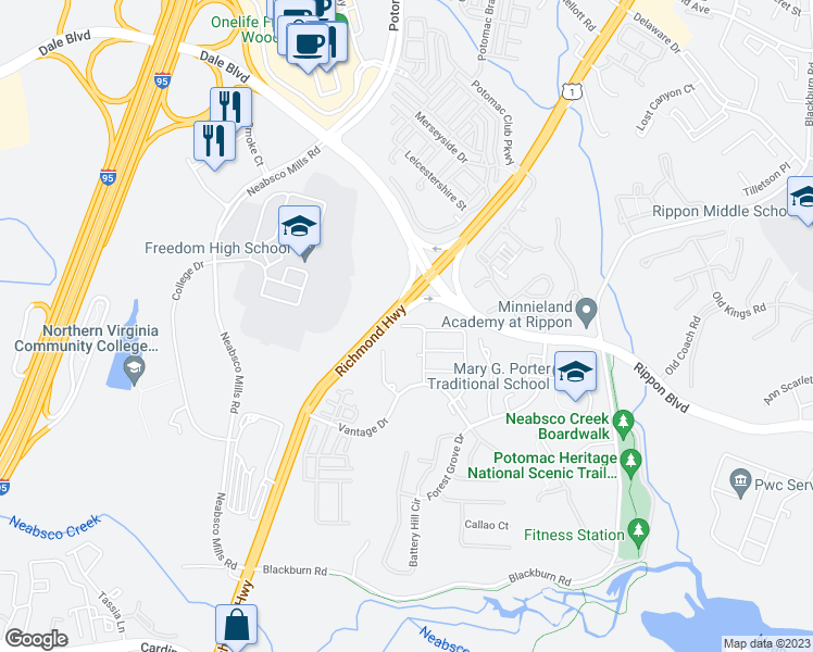 map of restaurants, bars, coffee shops, grocery stores, and more near 4104 Valor Way in Woodbridge