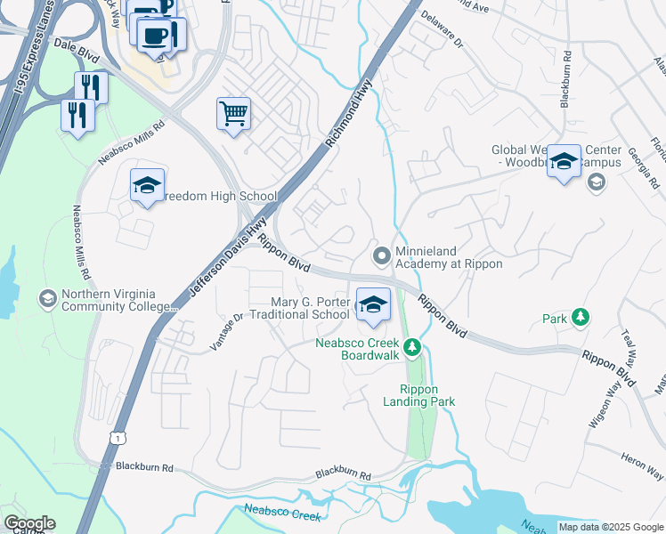 map of restaurants, bars, coffee shops, grocery stores, and more near 2117 Old Landing Way in Woodbridge