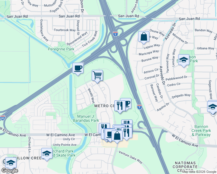 map of restaurants, bars, coffee shops, grocery stores, and more near 2924 Gateway Oaks Drive in Sacramento
