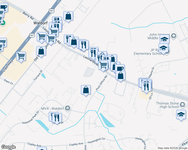 map of restaurants, bars, coffee shops, grocery stores, and more near 3352 Gough Drive in Waldorf