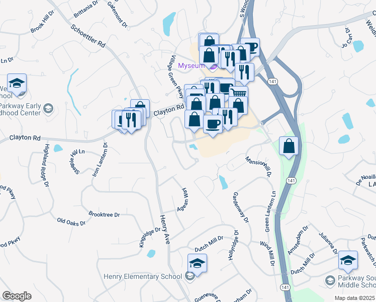 map of restaurants, bars, coffee shops, grocery stores, and more near Savannah View Way in Town and Country