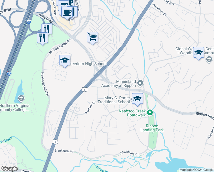 map of restaurants, bars, coffee shops, grocery stores, and more near 15347 Elizabeth Burbage Loop in Woodbridge