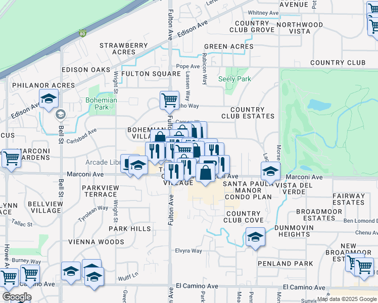 map of restaurants, bars, coffee shops, grocery stores, and more near 2912 Pasatiempo Lane in Sacramento
