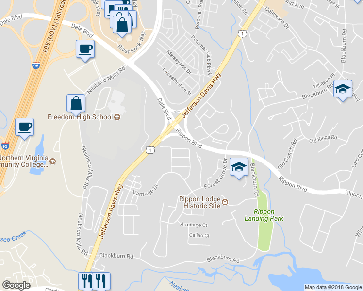 map of restaurants, bars, coffee shops, grocery stores, and more near 15331 Elizabeth Burbage Loop in Woodbridge