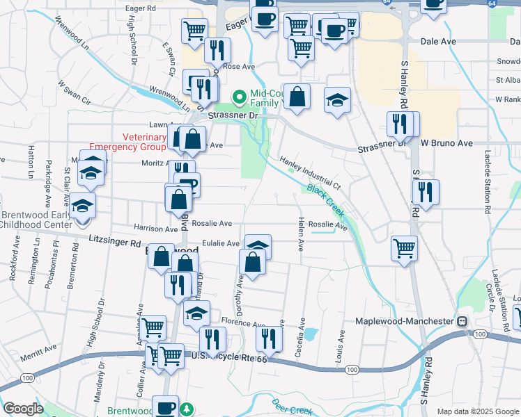 map of restaurants, bars, coffee shops, grocery stores, and more near 8649 Rosalie Avenue in Brentwood