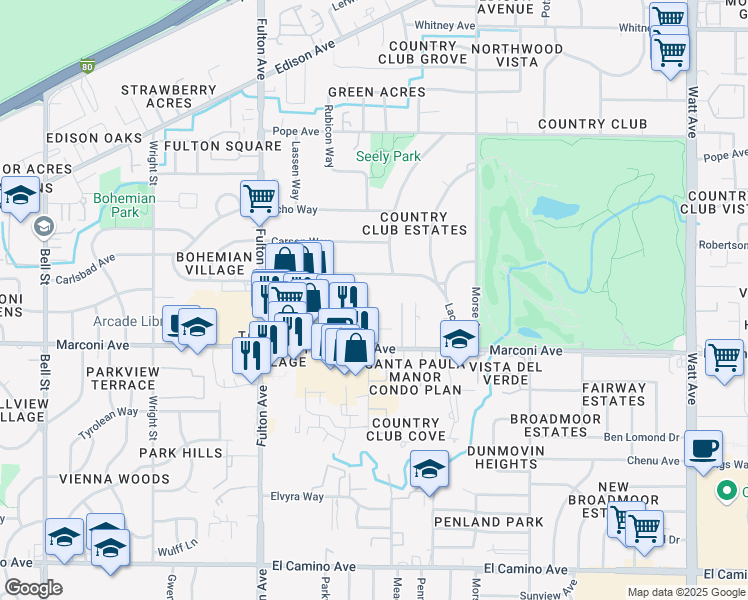 map of restaurants, bars, coffee shops, grocery stores, and more near 2950 Calderwood Lane in Sacramento