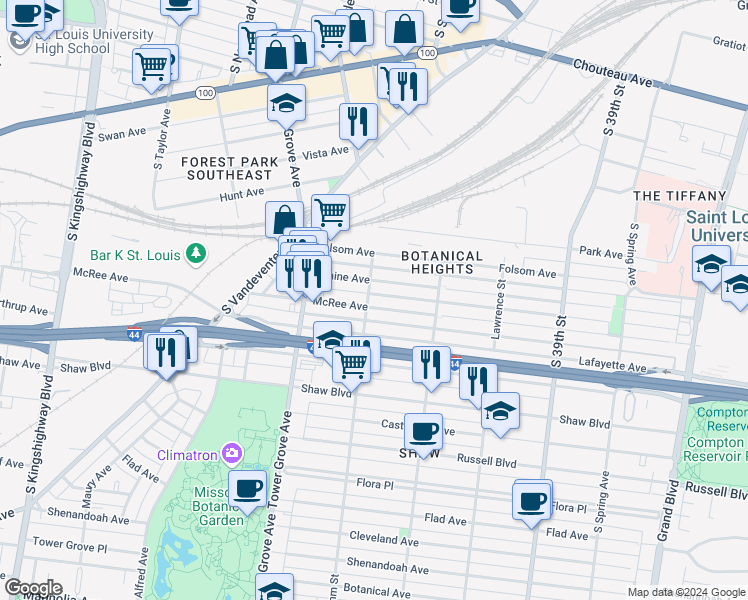 map of restaurants, bars, coffee shops, grocery stores, and more near 4206 McRee Avenue in St. Louis