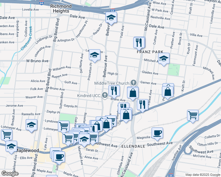 map of restaurants, bars, coffee shops, grocery stores, and more near 7125 South Street in Maplewood