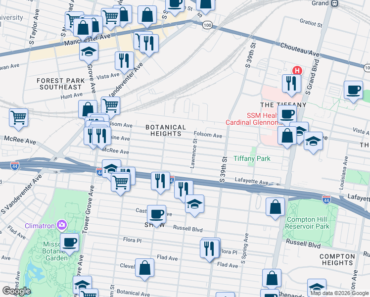 map of restaurants, bars, coffee shops, grocery stores, and more near 4022 Blaine Avenue in St. Louis