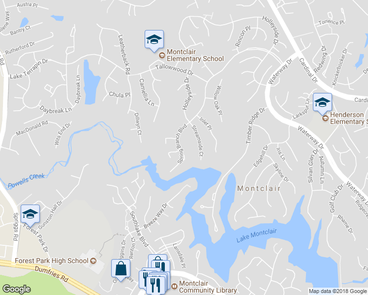 map of restaurants, bars, coffee shops, grocery stores, and more near 5151 Spring Branch Boulevard in Dumfries