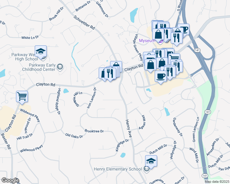 map of restaurants, bars, coffee shops, grocery stores, and more near 785 Henry Avenue in Ballwin