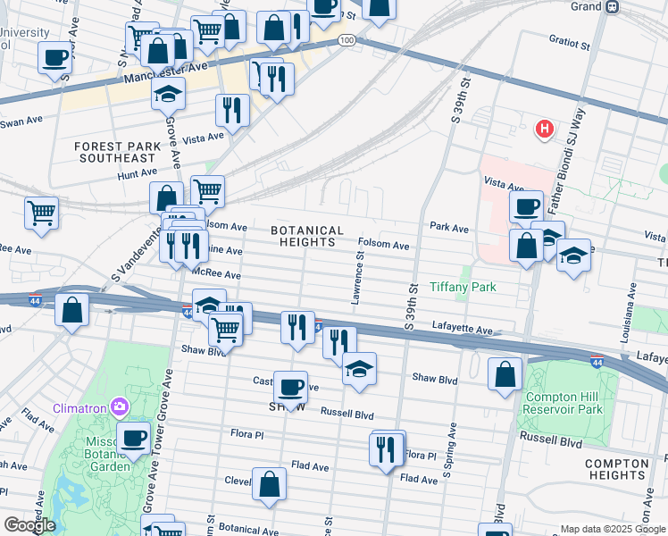 map of restaurants, bars, coffee shops, grocery stores, and more near 4032 Blaine Avenue in St. Louis