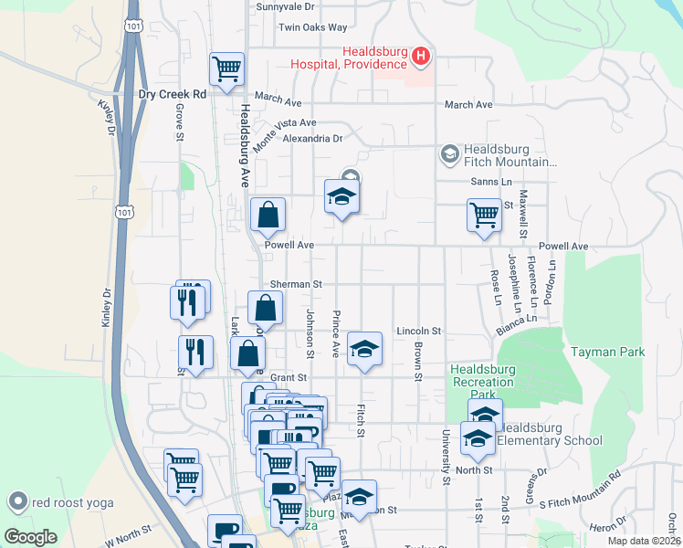 map of restaurants, bars, coffee shops, grocery stores, and more near 224 Sherman Street in Healdsburg