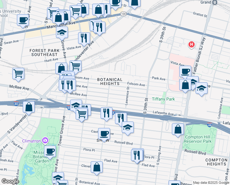 map of restaurants, bars, coffee shops, grocery stores, and more near 4037 McRee Avenue in St. Louis