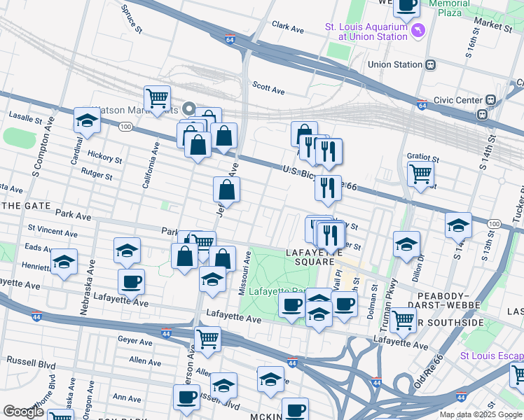 map of restaurants, bars, coffee shops, grocery stores, and more near 2213 Rutger Street in St. Louis