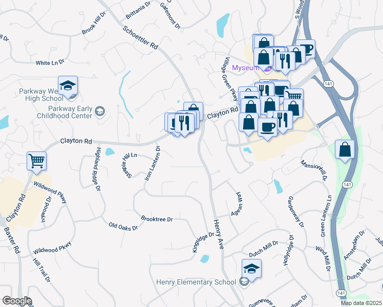 map of restaurants, bars, coffee shops, grocery stores, and more near 785 Henry Avenue in Ballwin
