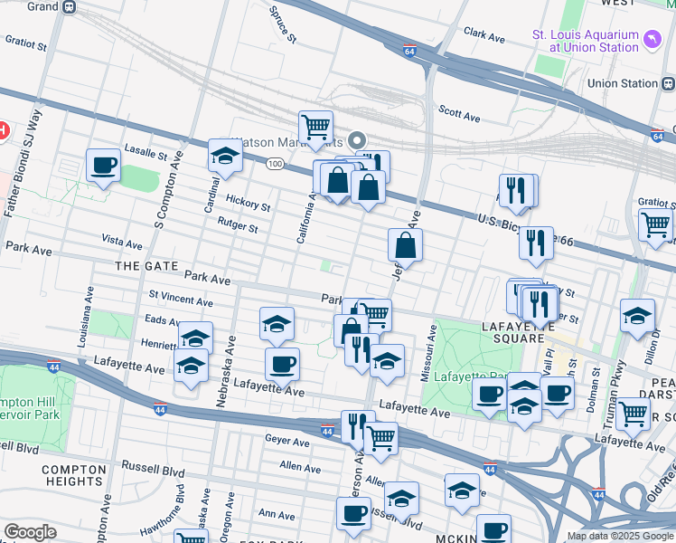 map of restaurants, bars, coffee shops, grocery stores, and more near 1410 Ohio Avenue in St. Louis