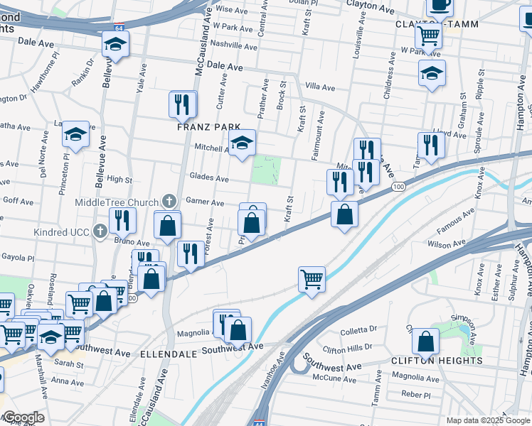 map of restaurants, bars, coffee shops, grocery stores, and more near 6732 Garner Avenue in St. Louis