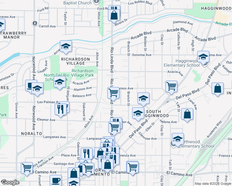 map of restaurants, bars, coffee shops, grocery stores, and more near 2820 Rio Linda Boulevard in Sacramento
