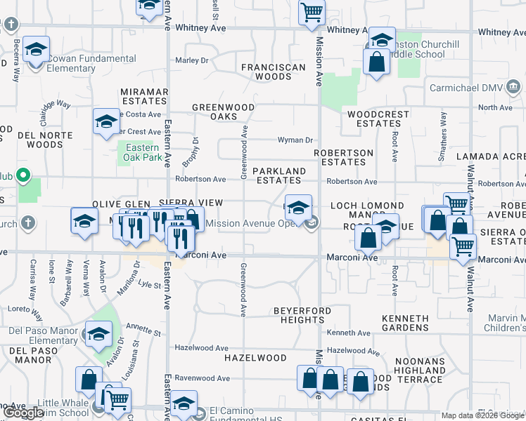 map of restaurants, bars, coffee shops, grocery stores, and more near 2909 Leta Lane in Sacramento