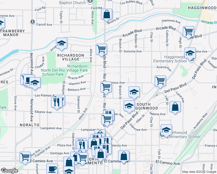 map of restaurants, bars, coffee shops, grocery stores, and more near 2820 Rio Linda Boulevard in Sacramento