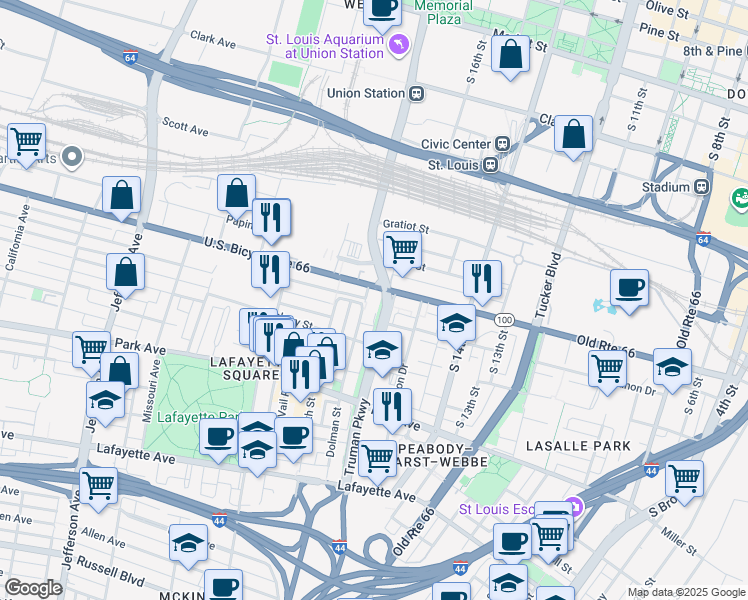 map of restaurants, bars, coffee shops, grocery stores, and more near 1031 Grattan Street in St. Louis
