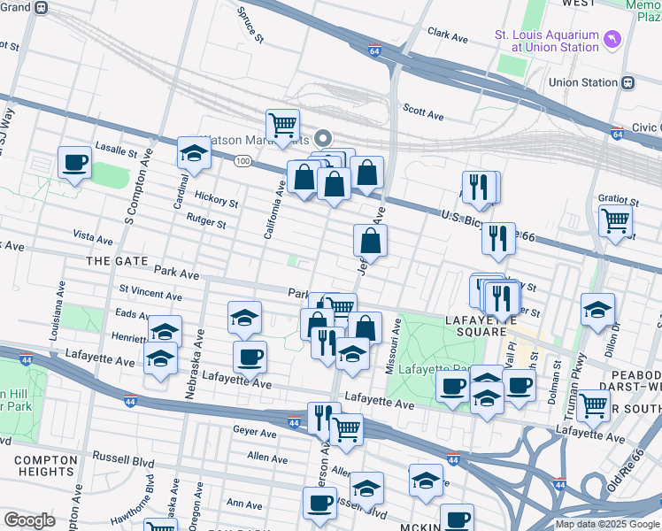 map of restaurants, bars, coffee shops, grocery stores, and more near 2610 Caroline Street in St. Louis