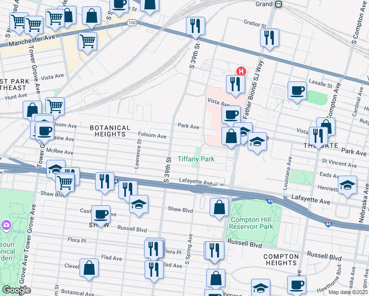 map of restaurants, bars, coffee shops, grocery stores, and more near 3822 Blaine Avenue in St. Louis