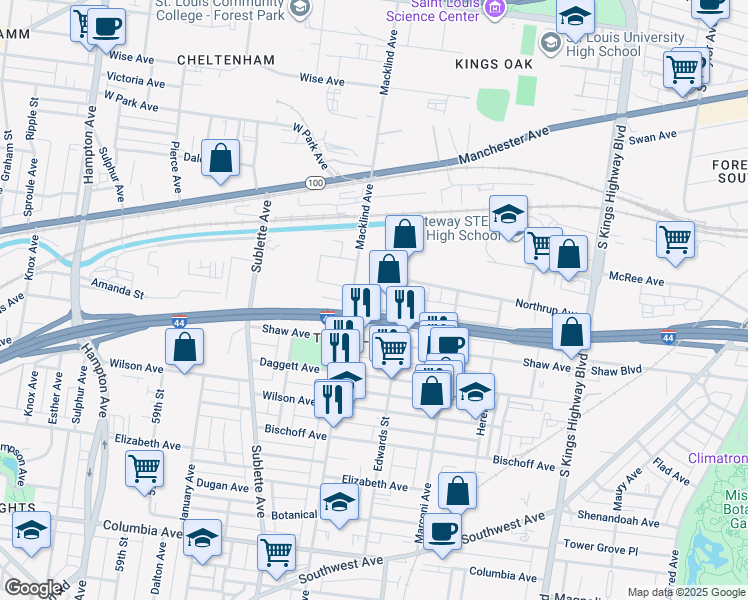 map of restaurants, bars, coffee shops, grocery stores, and more near 5304 Pattison Avenue in St. Louis