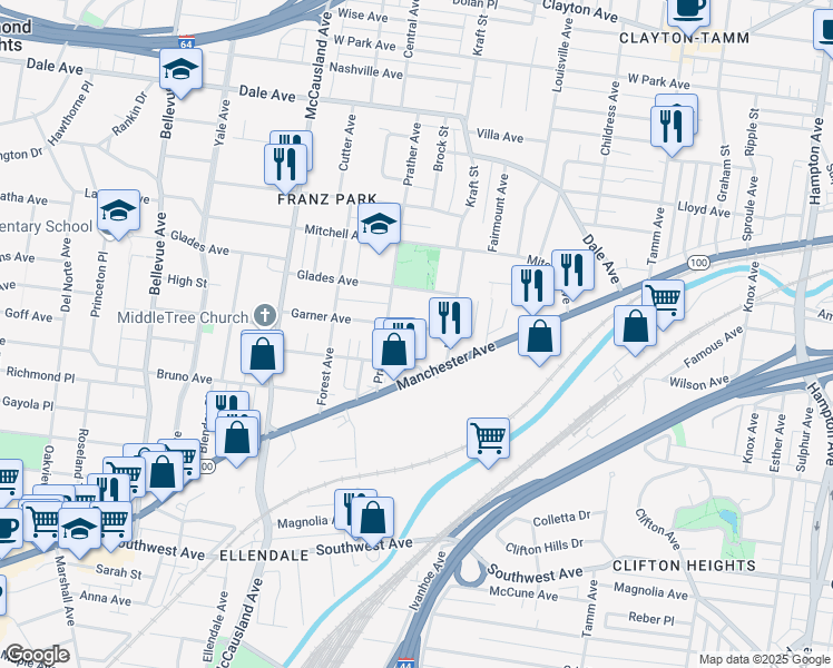 map of restaurants, bars, coffee shops, grocery stores, and more near 6717 Waldemar Avenue in St. Louis