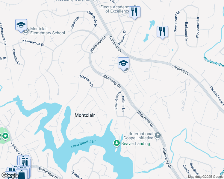 map of restaurants, bars, coffee shops, grocery stores, and more near 15392 Autumn Lane in Dumfries