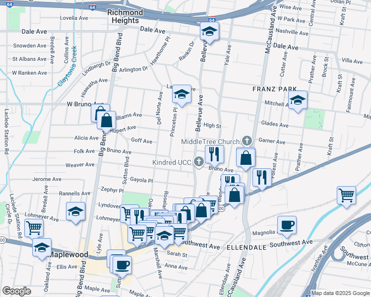 map of restaurants, bars, coffee shops, grocery stores, and more near 7235 Bruno Avenue in Maplewood