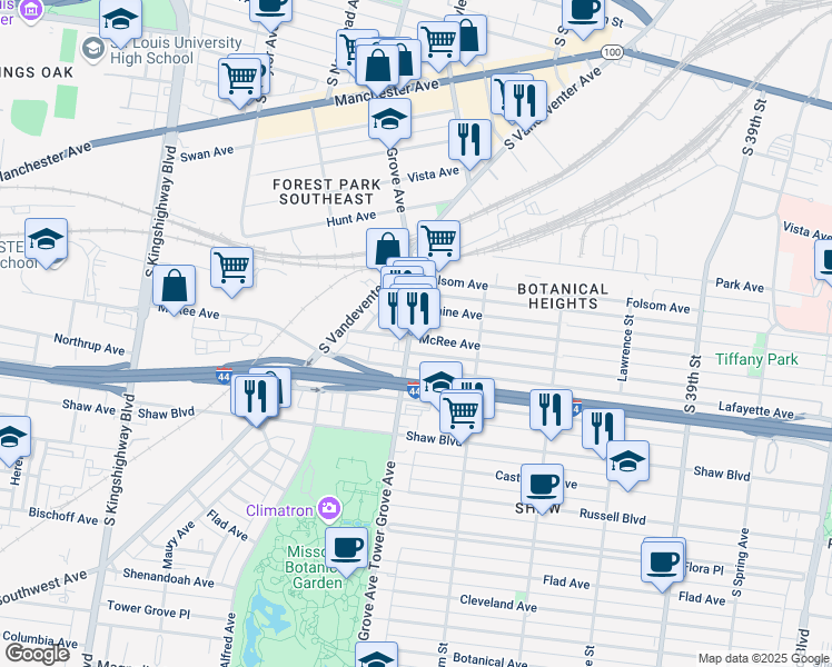 map of restaurants, bars, coffee shops, grocery stores, and more near 4253 Lafayette Avenue in St. Louis