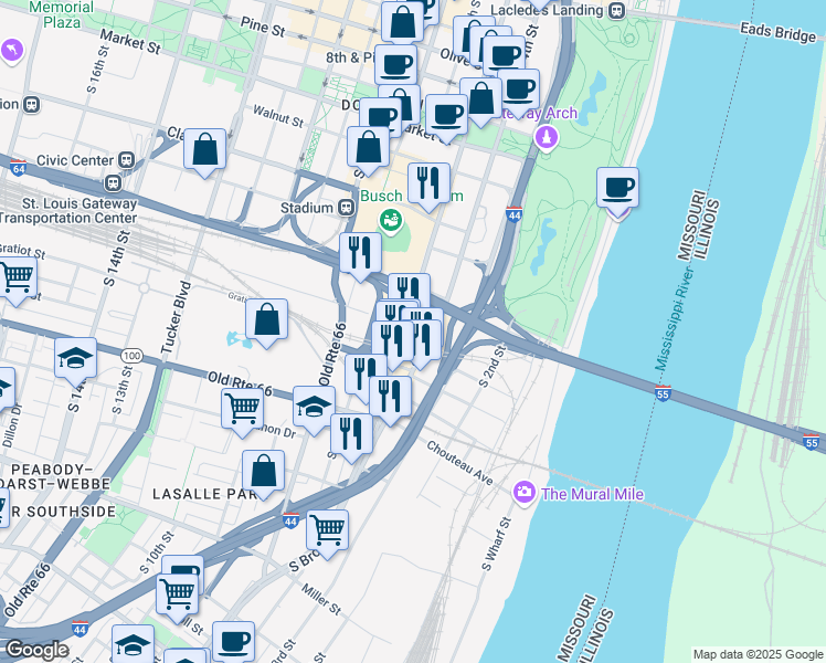 map of restaurants, bars, coffee shops, grocery stores, and more near 726 South Broadway in St. Louis