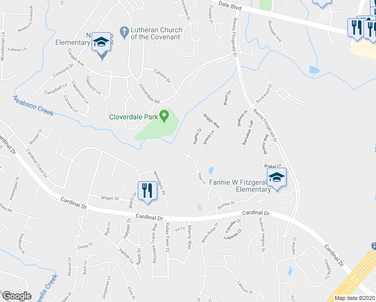 map of restaurants, bars, coffee shops, grocery stores, and more near 15309 Tina Lane in Woodbridge
