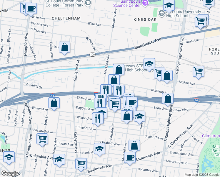 map of restaurants, bars, coffee shops, grocery stores, and more near 5304 Pattison Avenue in St. Louis