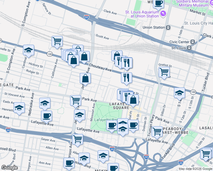 map of restaurants, bars, coffee shops, grocery stores, and more near 1116 Missouri Avenue in St. Louis