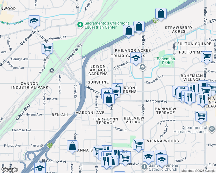 map of restaurants, bars, coffee shops, grocery stores, and more near 2128 Marcus Court in Sacramento