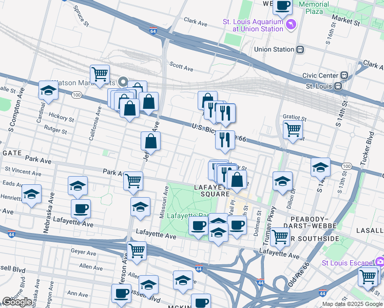map of restaurants, bars, coffee shops, grocery stores, and more near 1116 Missouri Avenue in St. Louis