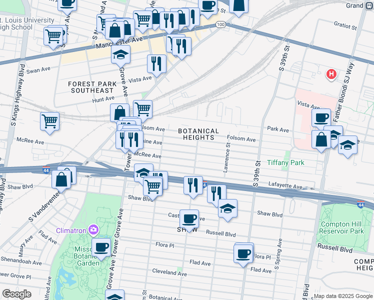 map of restaurants, bars, coffee shops, grocery stores, and more near in St. Louis