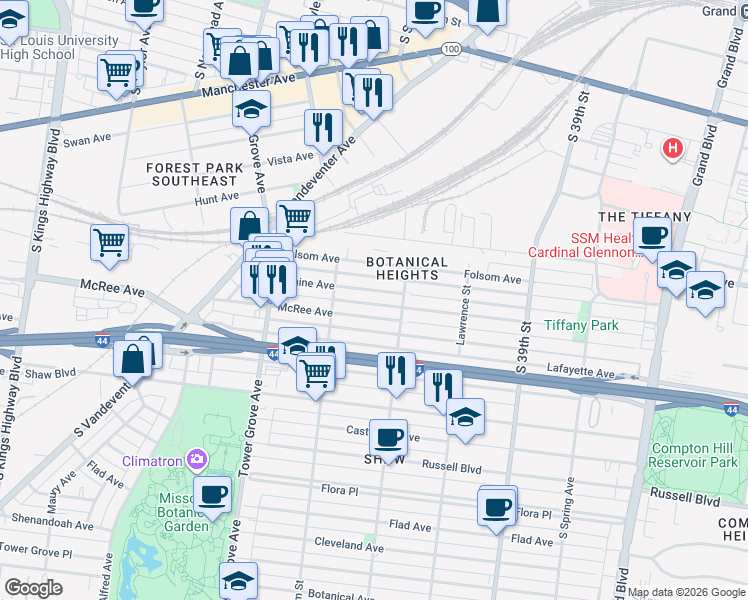 map of restaurants, bars, coffee shops, grocery stores, and more near in St. Louis