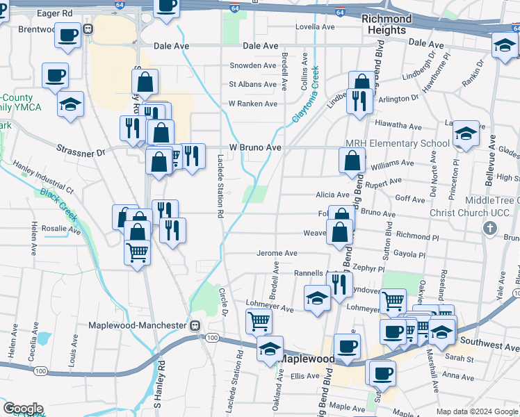 map of restaurants, bars, coffee shops, grocery stores, and more near 7749 Lindbergh Drive in Maplewood