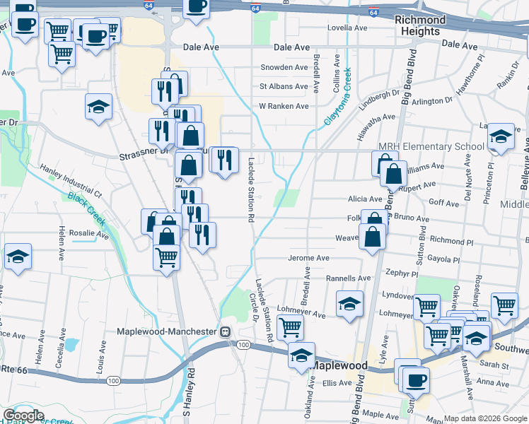 map of restaurants, bars, coffee shops, grocery stores, and more near 7785 Folk Avenue in St. Louis