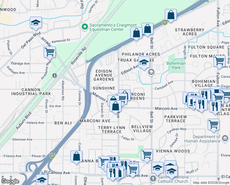 map of restaurants, bars, coffee shops, grocery stores, and more near 2128 Marcus Court in Sacramento